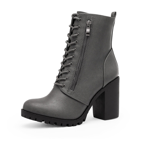 Lace Up Chunky Heel Ankle Booties - GREY PU -  0