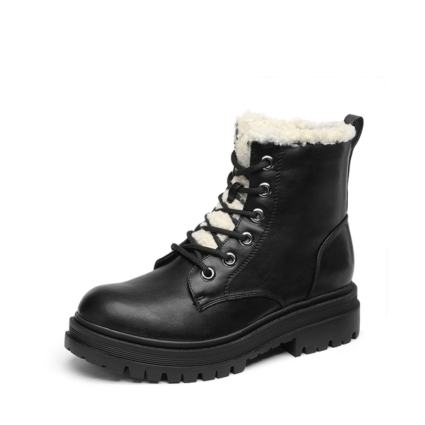 Flat Lace Up Ankle Combat Boots - BLACK FURRY -  0