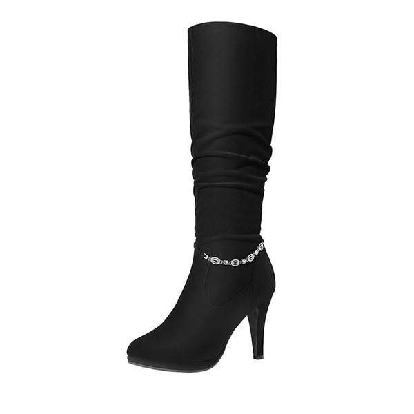 Women's Knee-High Platform Heeled Boots - BLACK NUBUCK -  0