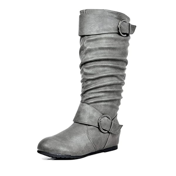 Wide Calf Fur-lined Low Hidden Wedge Boots - GREY -  0