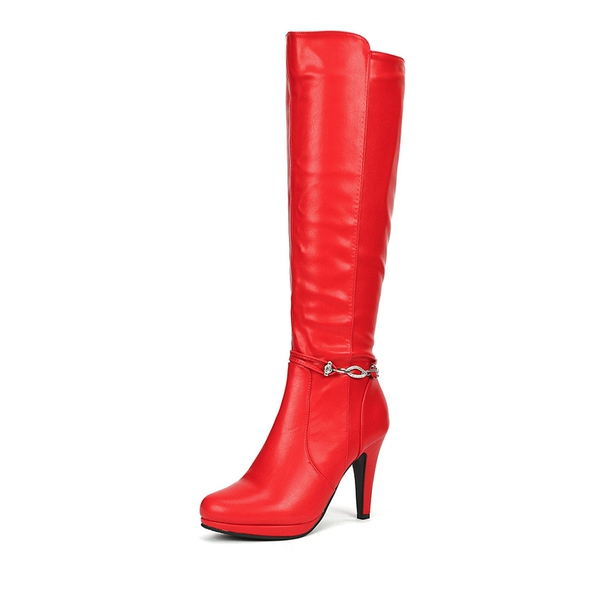 High Heel Knee High Boots - RED PU -  0