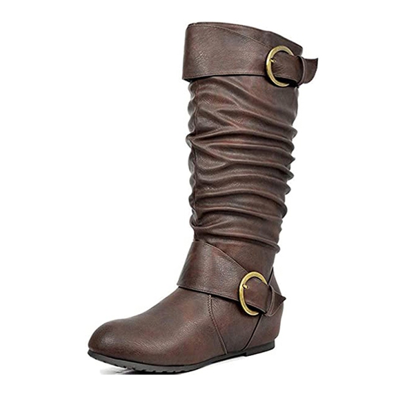 Wide Calf Fur-lined Low Hidden Wedge Boots - BROWN -  0