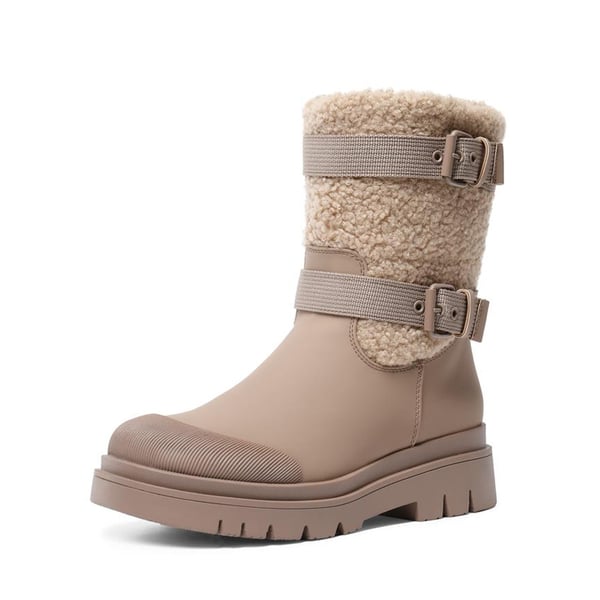 Waterproof Fur Lining Mid Calf Snow Boots - NUDE PINK -  0