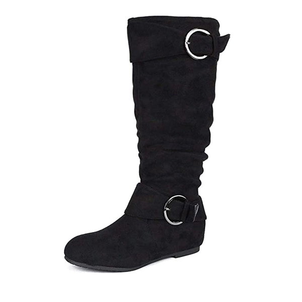 Wide Calf Fur-lined Low Hidden Wedge Boots - BLACK SUEDE -  0