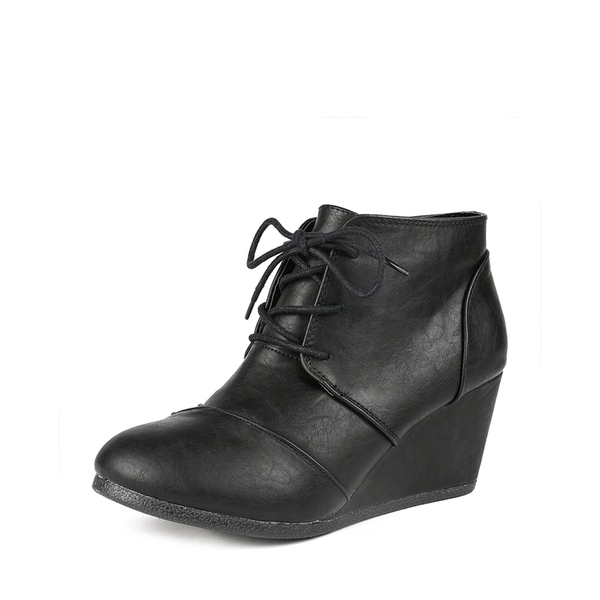 Lace Up Low Wedge Heel Ankle Boots - BLACK PU -  0