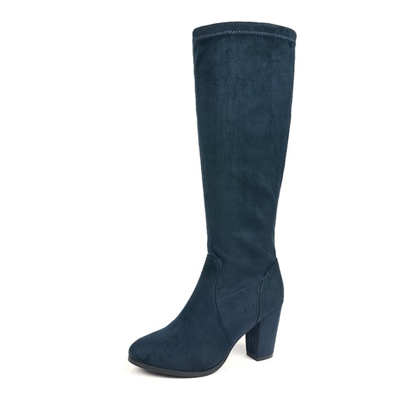 Round-Toe Chunky Heel Knee High Boots - DARK BLUE -  0