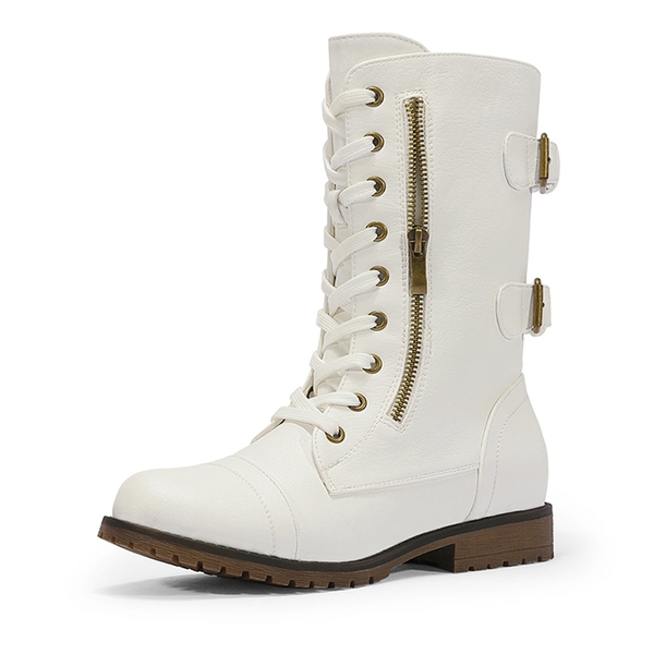 Utilitarian Ankle Mid Calf Combat Boots - IVORY WHITE -  0