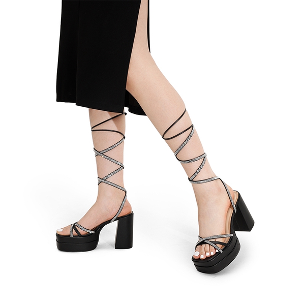 Rhinestone Lace Up Platform Heel Sandals - BLACK - 1