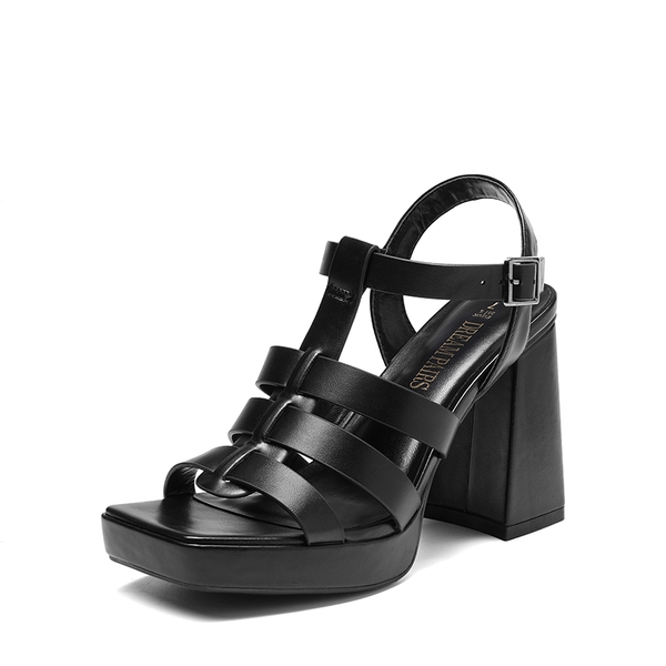 Square Toe Gladiator Style Chunky Heel Sandals  - BLACK -  0