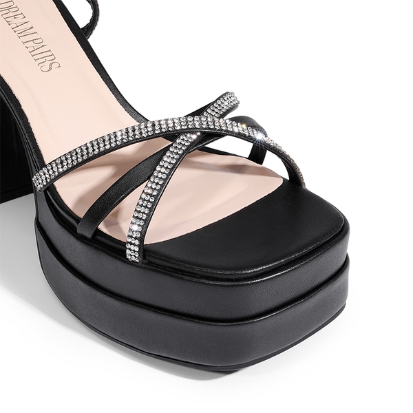 Rhinestone Lace Up Platform Heel Sandals - BLACK - 6
