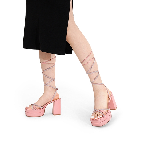 Rhinestone Lace Up Platform Heel Sandals - PINK - 1