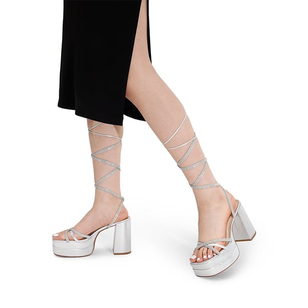Rhinestone Lace Up Platform Heel Sandals - SILVER - 1