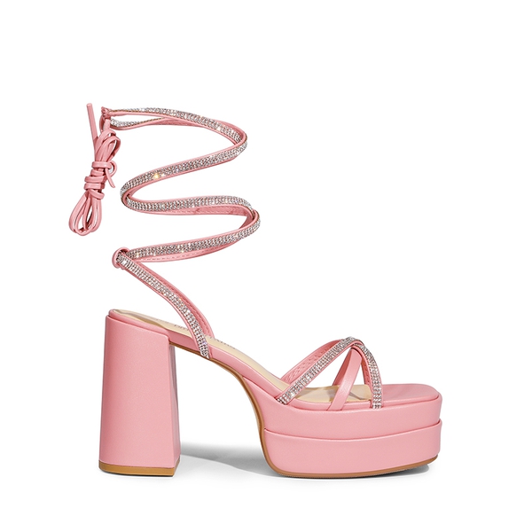 Rhinestone Lace Up Platform Heel Sandals - PINK - 4