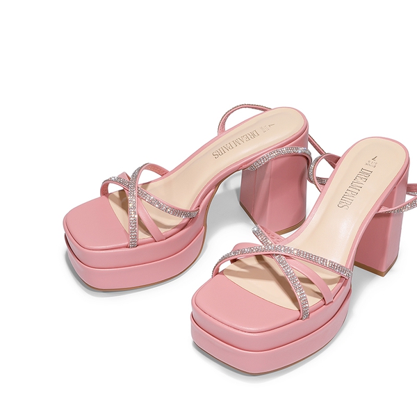 Rhinestone Lace Up Platform Heel Sandals - PINK - 5