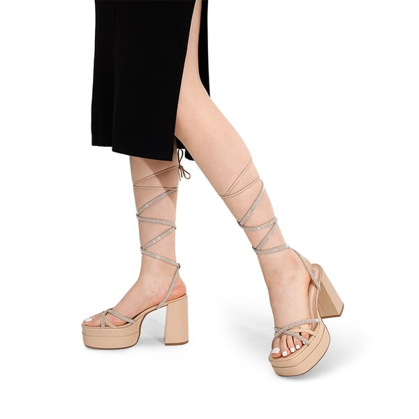 Rhinestone Lace Up Platform Heel Sandals - NUDE - 1