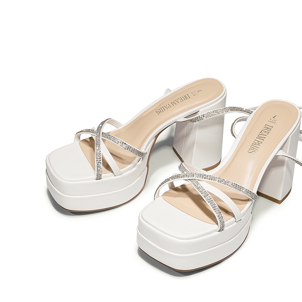 Rhinestone Lace Up Platform Heel Sandals - WHITE - 5
