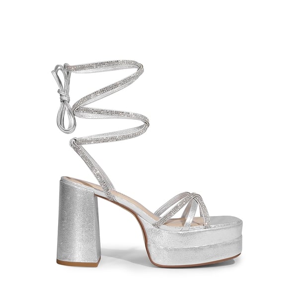 Rhinestone Lace Up Platform Heel Sandals - SILVER - 4