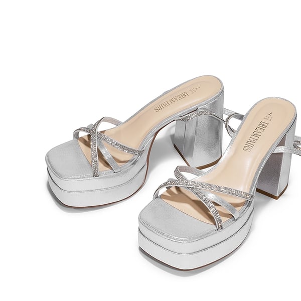 Rhinestone Lace Up Platform Heel Sandals - SILVER - 5
