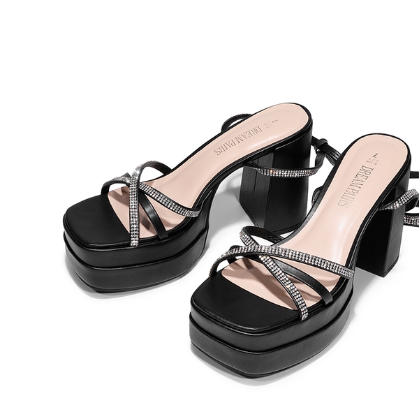 Rhinestone Lace Up Platform Heel Sandals - BLACK - 5