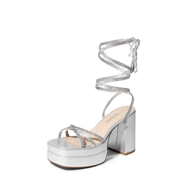 Rhinestone Lace Up Platform Heel Sandals - SILVER -  0