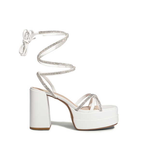 Rhinestone Lace Up Platform Heel Sandals - WHITE - 4