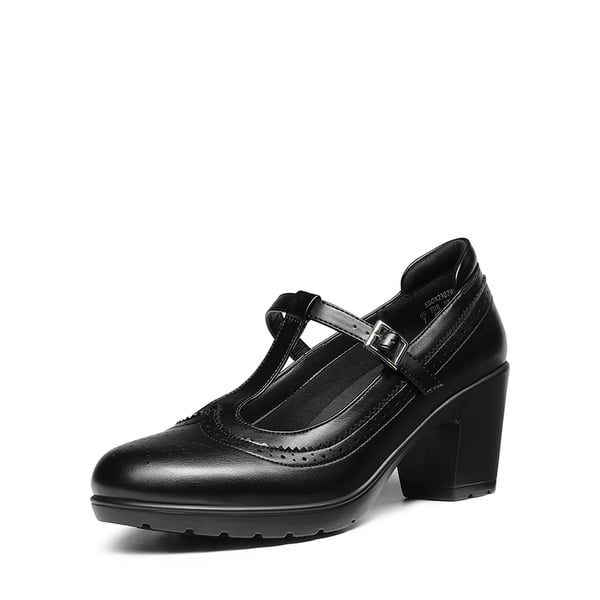 T-Strap Round Toe Pumps - BLACK-PU -  0