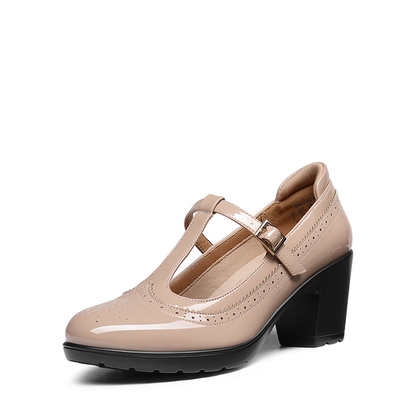 T-Strap Round Toe Pumps - NUDE-PAT -  0