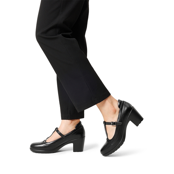T-Strap Round Toe Pumps - BLACK-PU - 1