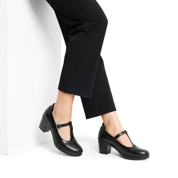 T-Strap Round Toe Pumps - BLACK-PU - 2