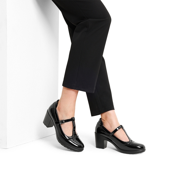 T-Strap Round Toe Pumps - BLACK-PAT - 2