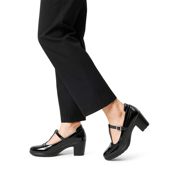 T-Strap Round Toe Pumps - BLACK-PAT - 1