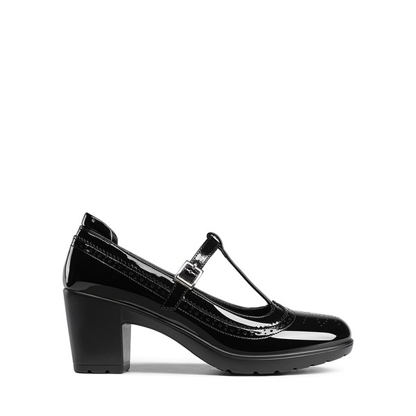 T-Strap Round Toe Pumps - BLACK-PAT - 3