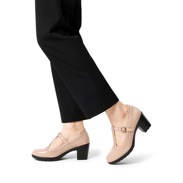 T-Strap Round Toe Pumps - NUDE-PAT - 1