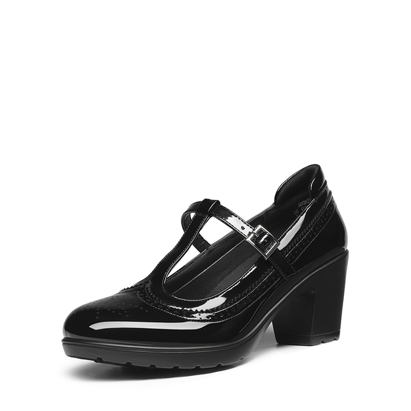 T-Strap Round Toe Pumps - BLACK-PAT -  0