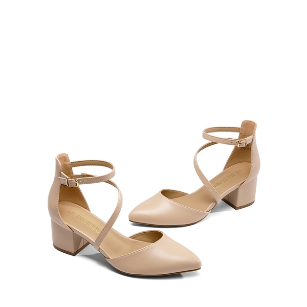 Pointed Toe Strap Chunky Heel Pumps - NUDE-PU - 6