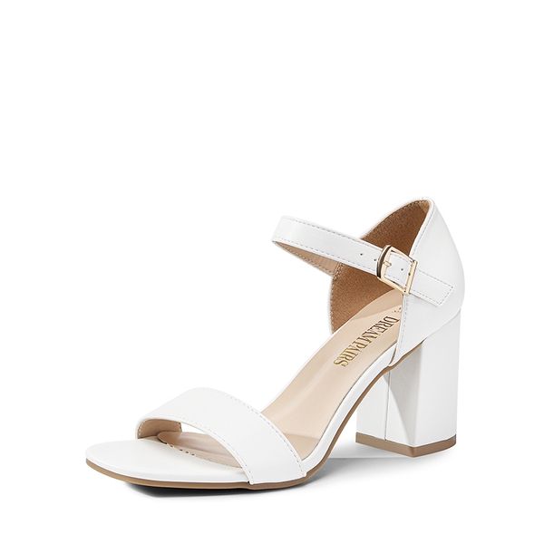 Square Toe Ankle Strap Block Heel Sandals - WHITE -  0
