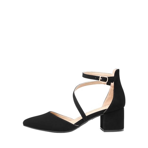 Pointed Toe Strap Chunky Heel Pumps - BLACK-NUBUCK - 3