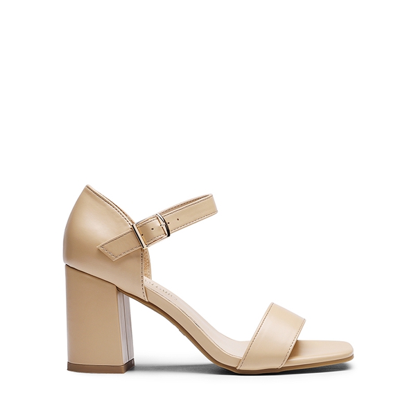 Square Toe Ankle Strap Block Heel Sandals - NUDE - 3