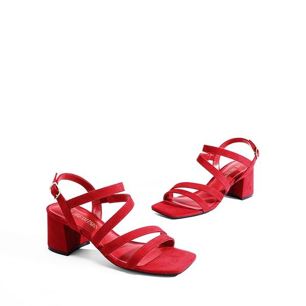 Square Toe Strappy Chunky Sandals - RED SUEDE - 5