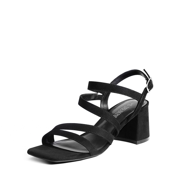 Square Toe Strappy Chunky Sandals - BLACK SUEDE -  0