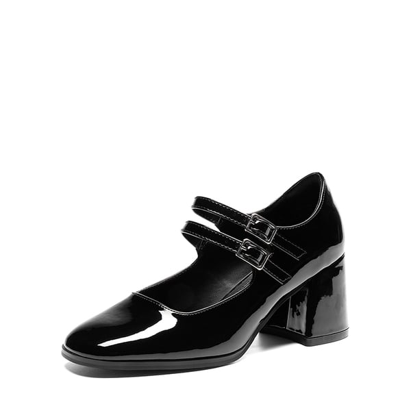 Double Straps Mary Janes Chunky Pumps - BLACK-PAT -  0