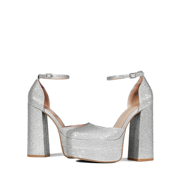 Rhinestone Square Toe Platform Pumps - SILVER-RHINESTONE - 3