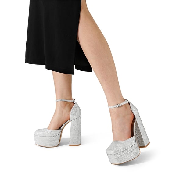 Rhinestone Square Toe Platform Pumps - SILVER-RHINESTONE - 1