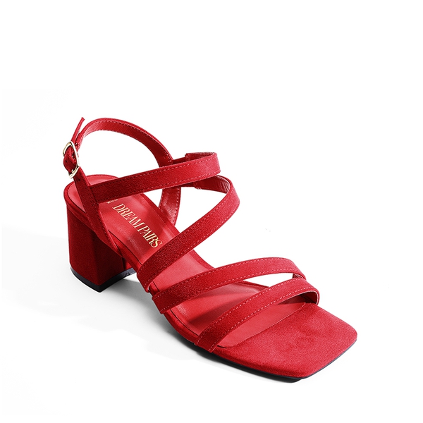 Square Toe Strappy Chunky Sandals - RED SUEDE - 6