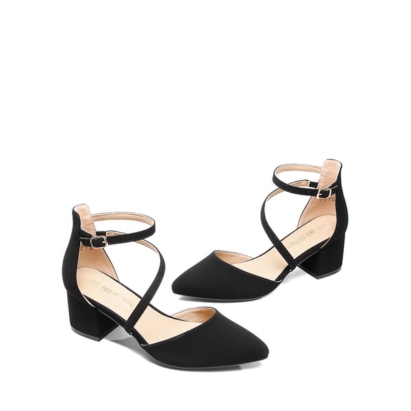 Pointed Toe Strap Chunky Heel Pumps - BLACK-NUBUCK - 6
