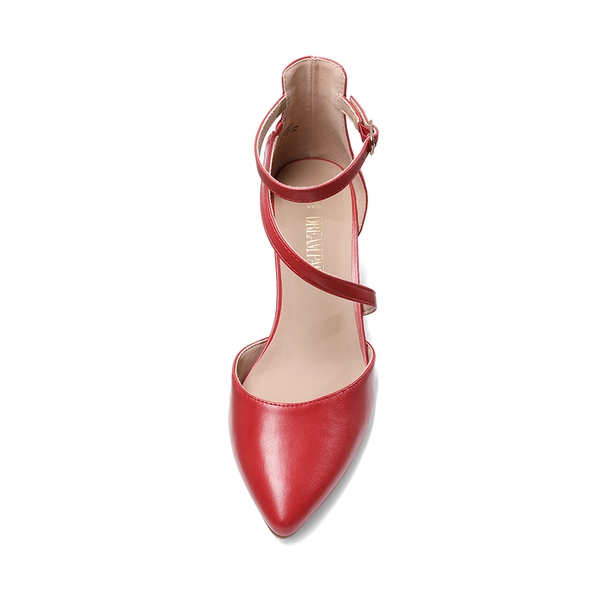 Pointed Toe Strap Chunky Heel Pumps - RED-PU - 4