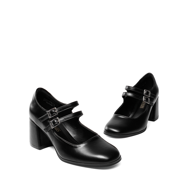 Double Straps Mary Janes Chunky Pumps - BLACK-PU - 6