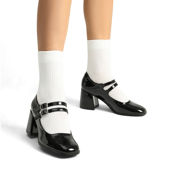 Double Straps Mary Janes Chunky Pumps - BLACK-PAT - 1