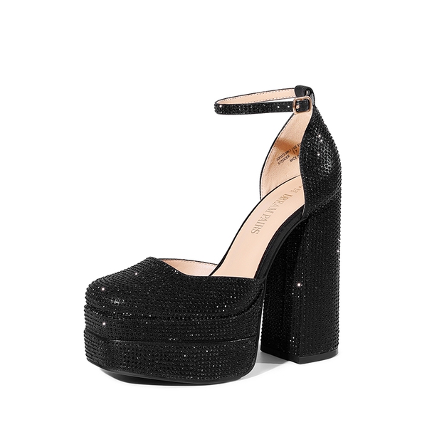 Rhinestone Square Toe Platform Pumps - BLACK-RHINESTONE -  0