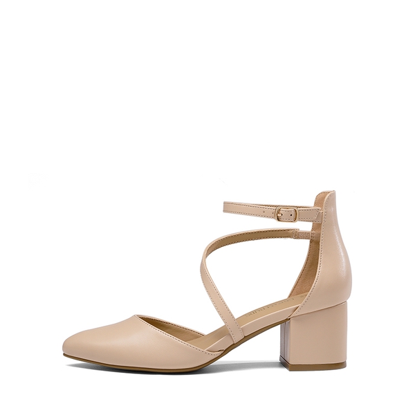 Pointed Toe Strap Chunky Heel Pumps - NUDE-PU - 3